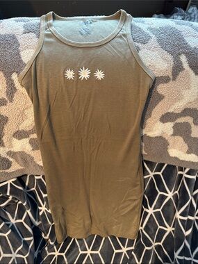 SO Olive Green Mini Tank Dress with Daisy Embroidery
